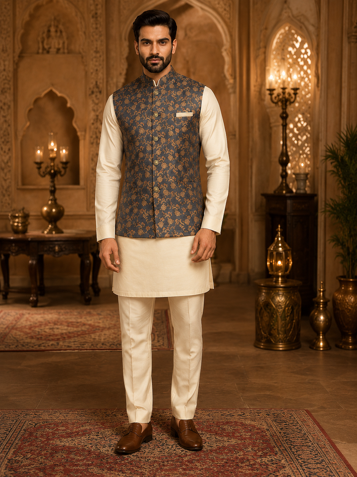 Charcoal Grey Nehru Waistcoat with Floral Jacquard