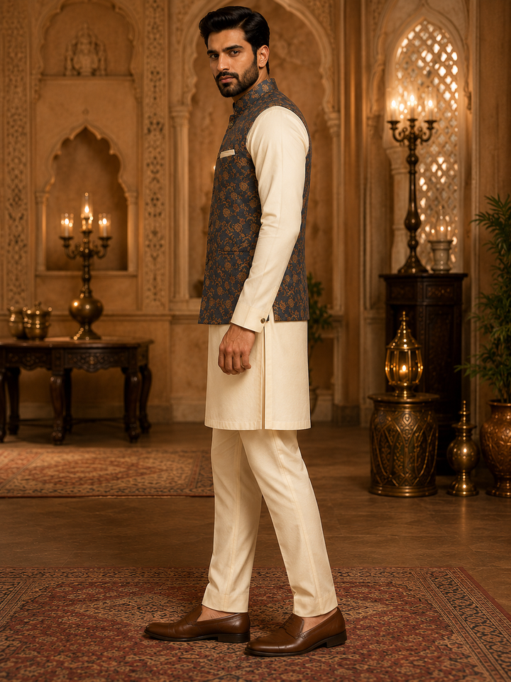 Charcoal Grey Nehru Waistcoat with Floral Jacquard