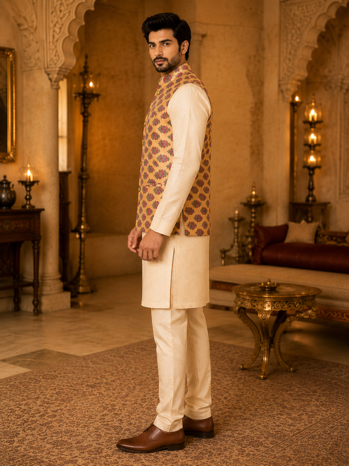 Peach Printed Nehru Waistcoat for Men
