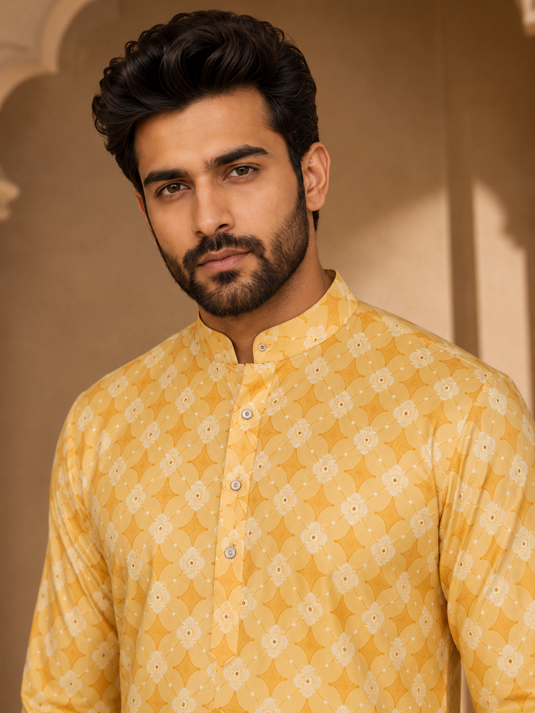 Yellow Printed Kurta Set for Men