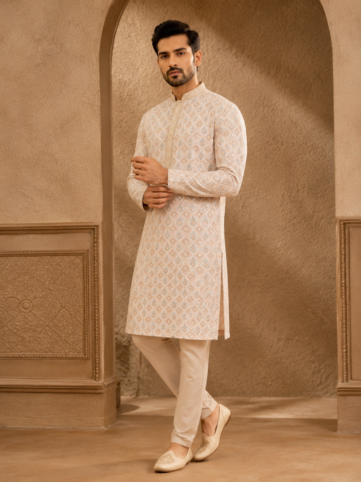 Peach Kurta Set with Geometric Printed Sequin Design