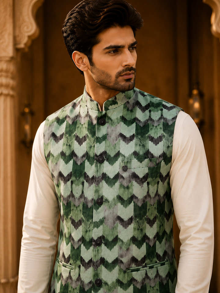 Green Printed Nehru Waistcoat for Men