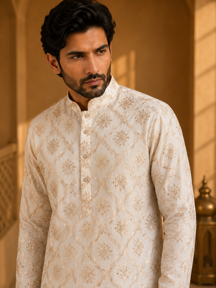 Champagne Kurta Set with Foil Printed Motif