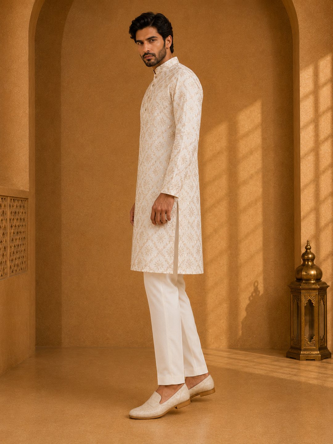 Champagne Kurta Set with Foil Printed Motif
