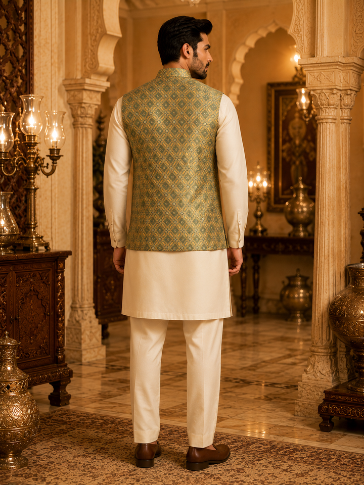 Olive Green Nehru Waistcoat with Jacquard Pattern