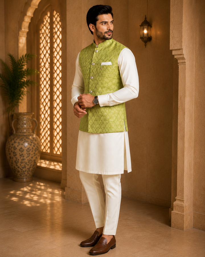 Olive Green Jacquard Nehru Waistcoat
