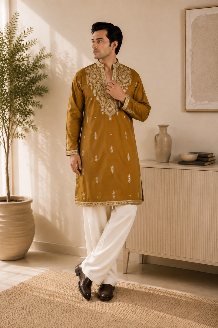 Mustard Gold Zari Embroidered Kurta