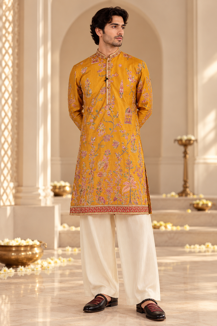 Mustard Floral Printed Kurta Set with Ivory Plazo Pyjama for Men
