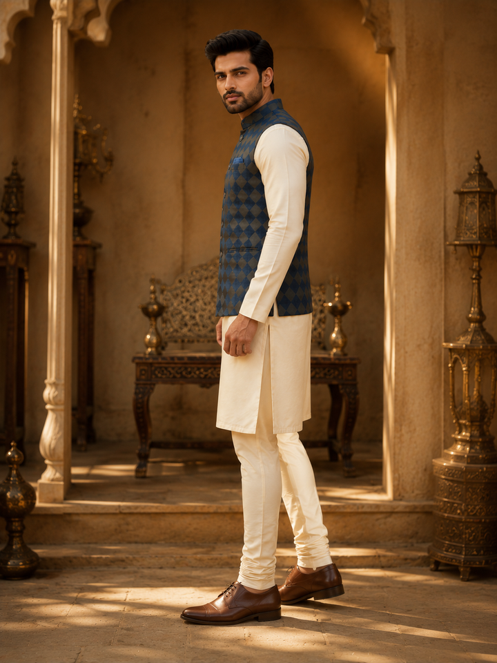 Navy Blue Nehru Waistcoat with Jacquard Checks
