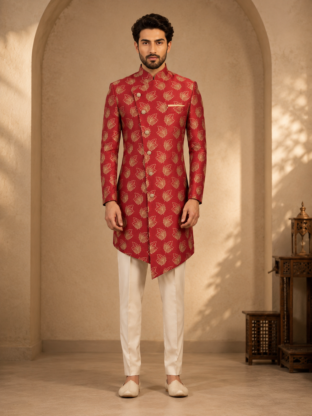 Maroon Indo Western with Gold Leaf Jacquard