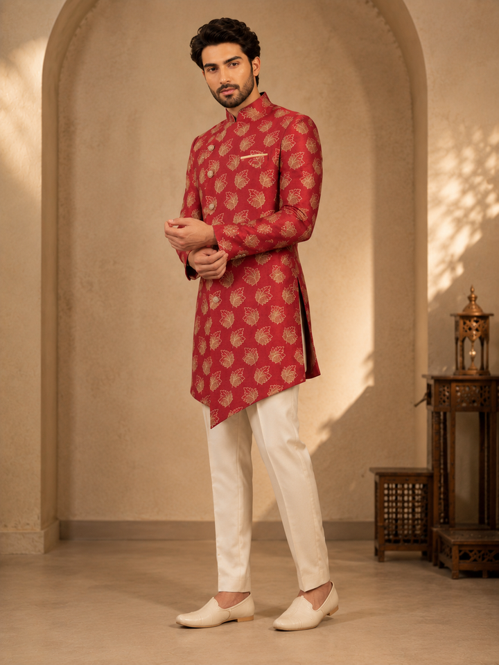 Maroon Indo Western with Gold Leaf Jacquard