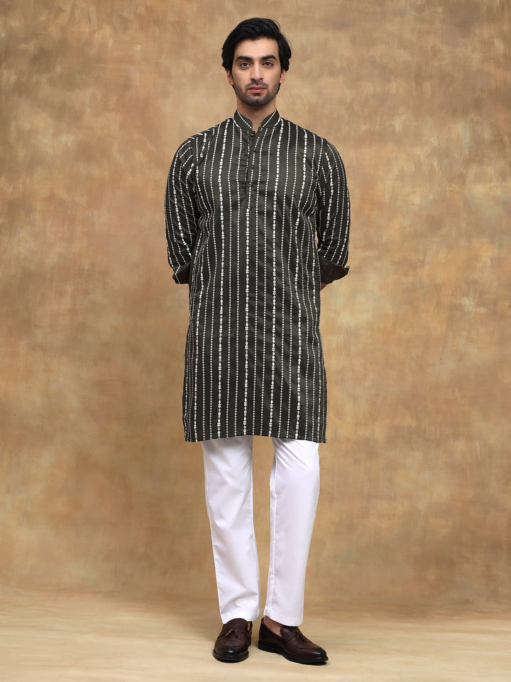 Bottle Green Vertical Threadwork Kurta Set