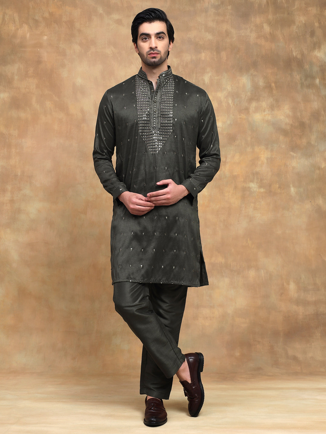 Mehandi Front Embroidered Kurta Set