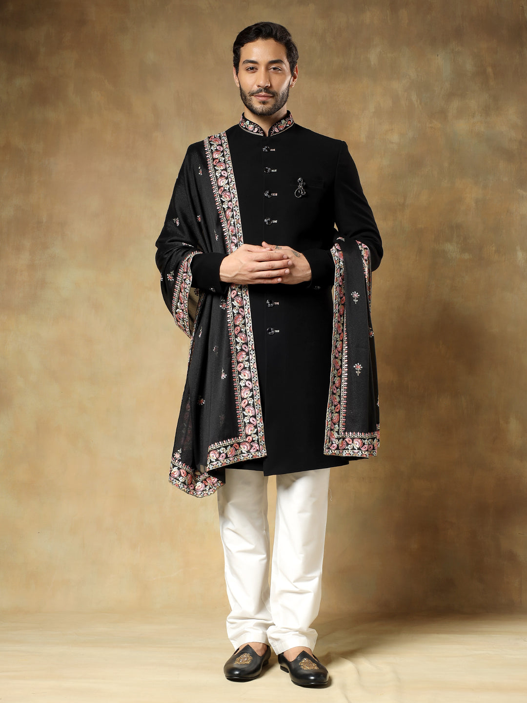Black Bandhgala Indo-Western Set with Stole