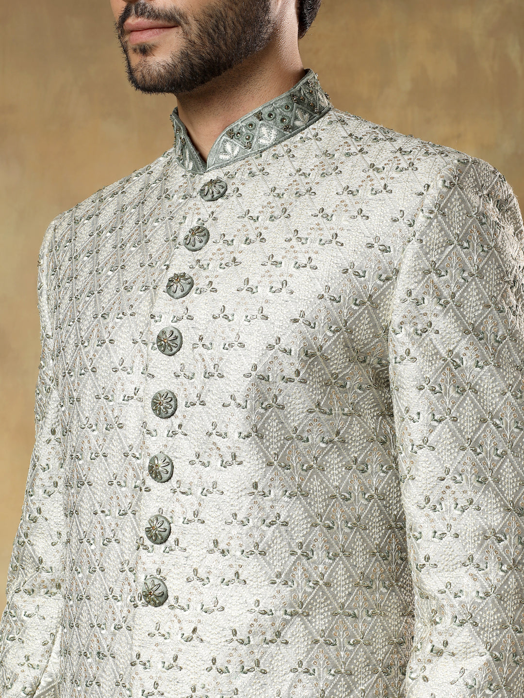 Pista Jacquard Sherwani Set