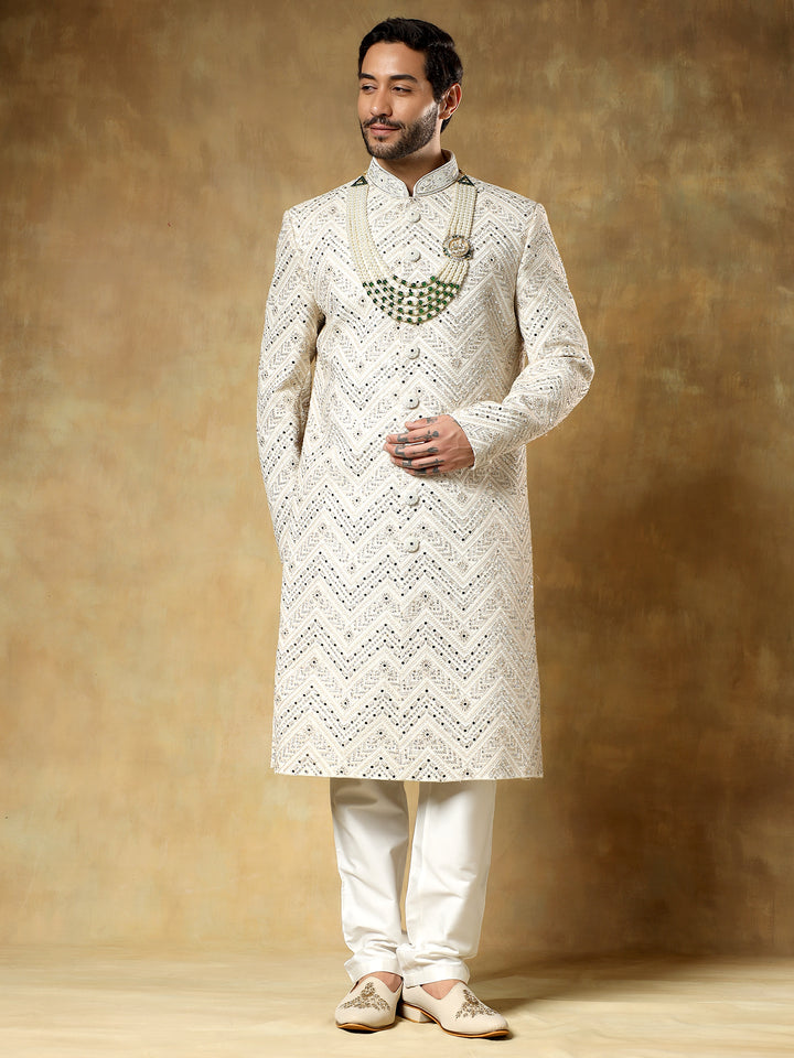 Cream Embroidered Sherwani Set