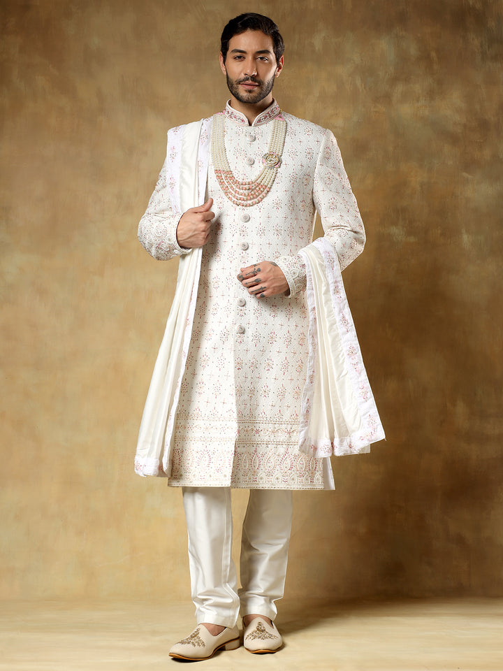 Off white Embroidered Sherwani with Stole