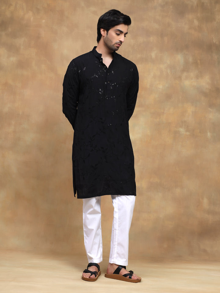 Black Leaf Embroidered Evening Kurta Set