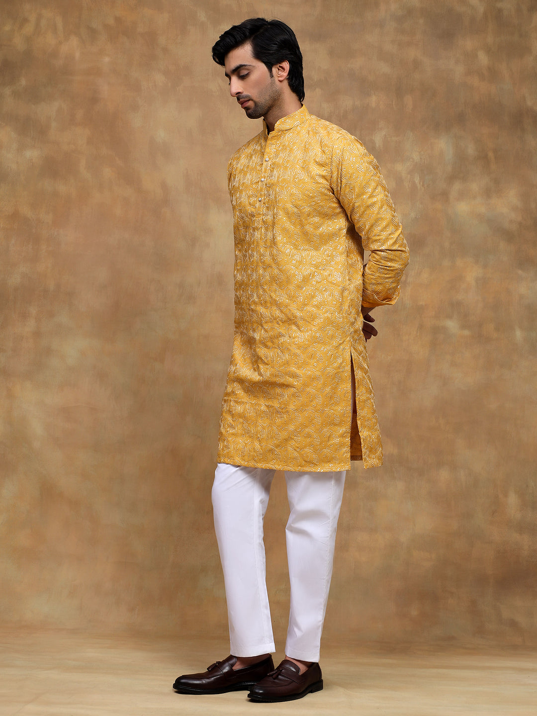 Yellow Leaf Threadwork Kurta Set