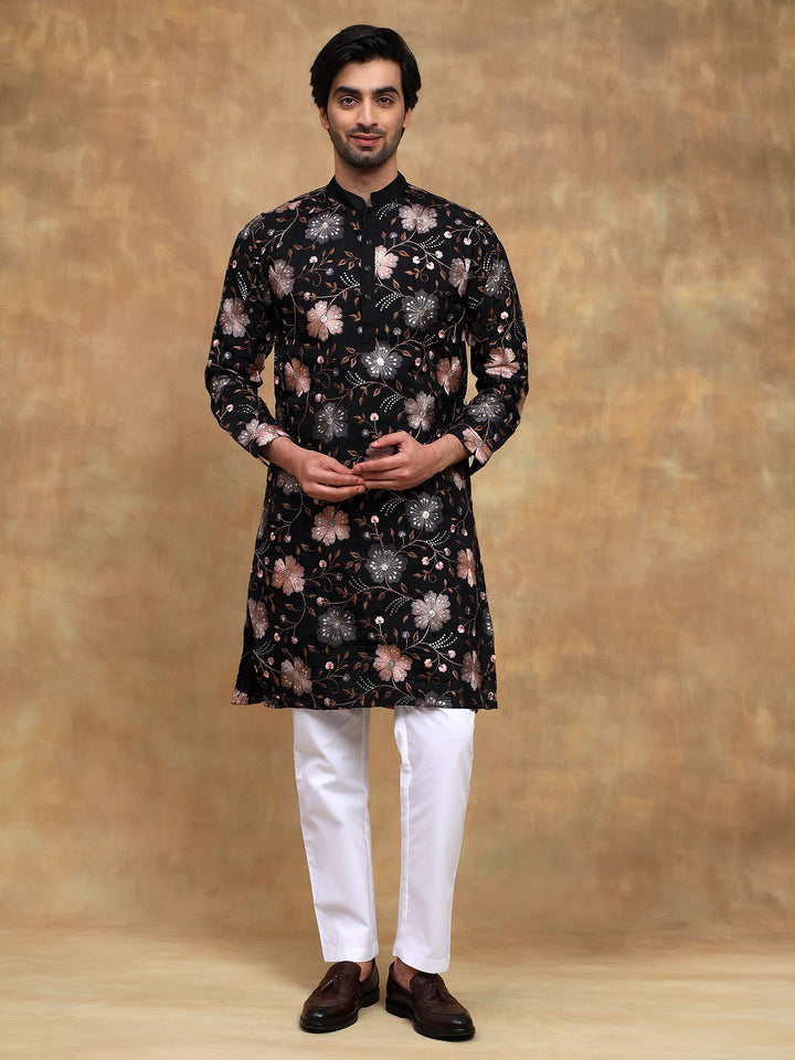 Black Floral Embroidered Kurta Pyjama