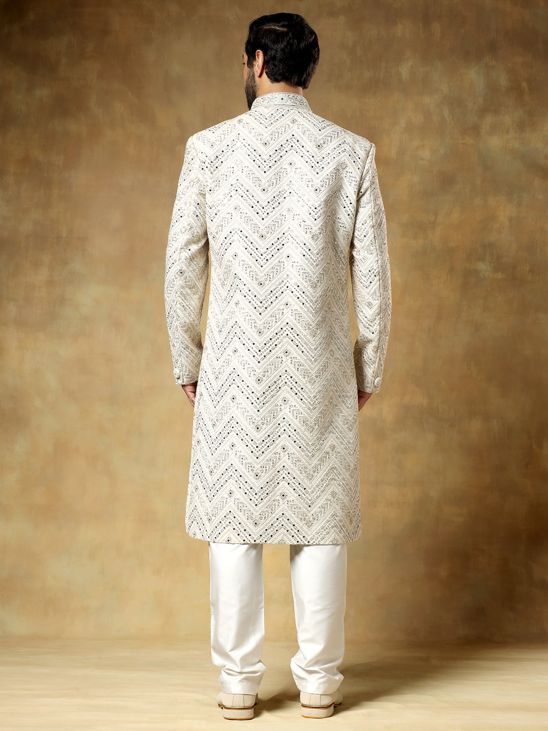 Cream Embroidered Sherwani Set