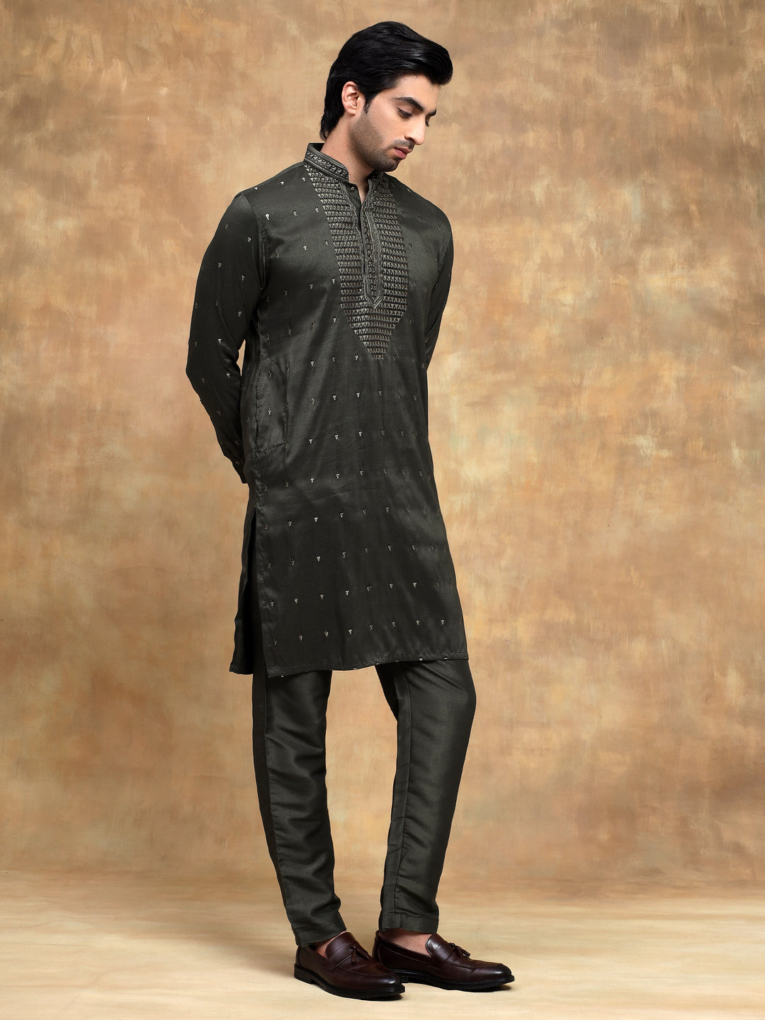 Mehandi Front Embroidered Kurta Set