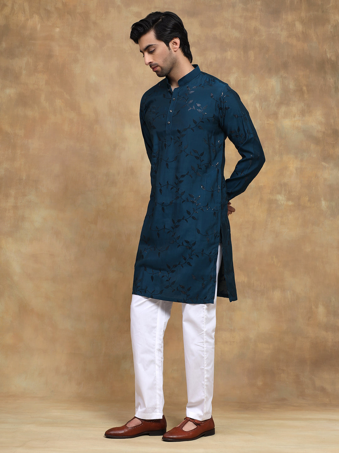 Teal Leaf Embroidered Evening Kurta Set
