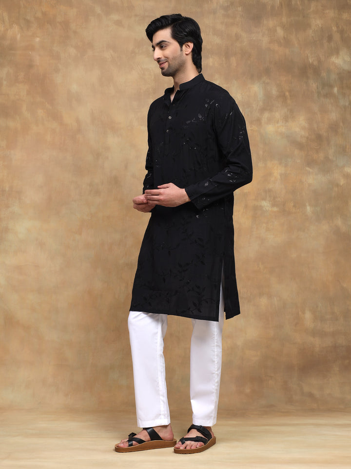 Black Leaf Embroidered Evening Kurta Set