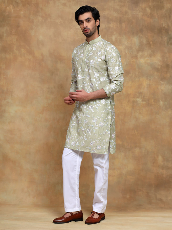 Pista Floral Embroidered Kurta Set