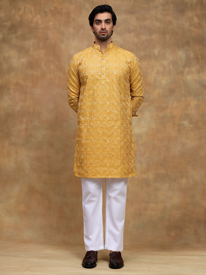 Yellow Leaf Threadwork Kurta Set