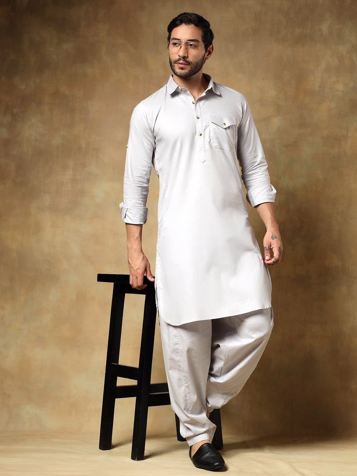 Grey Cotton Pathani Set