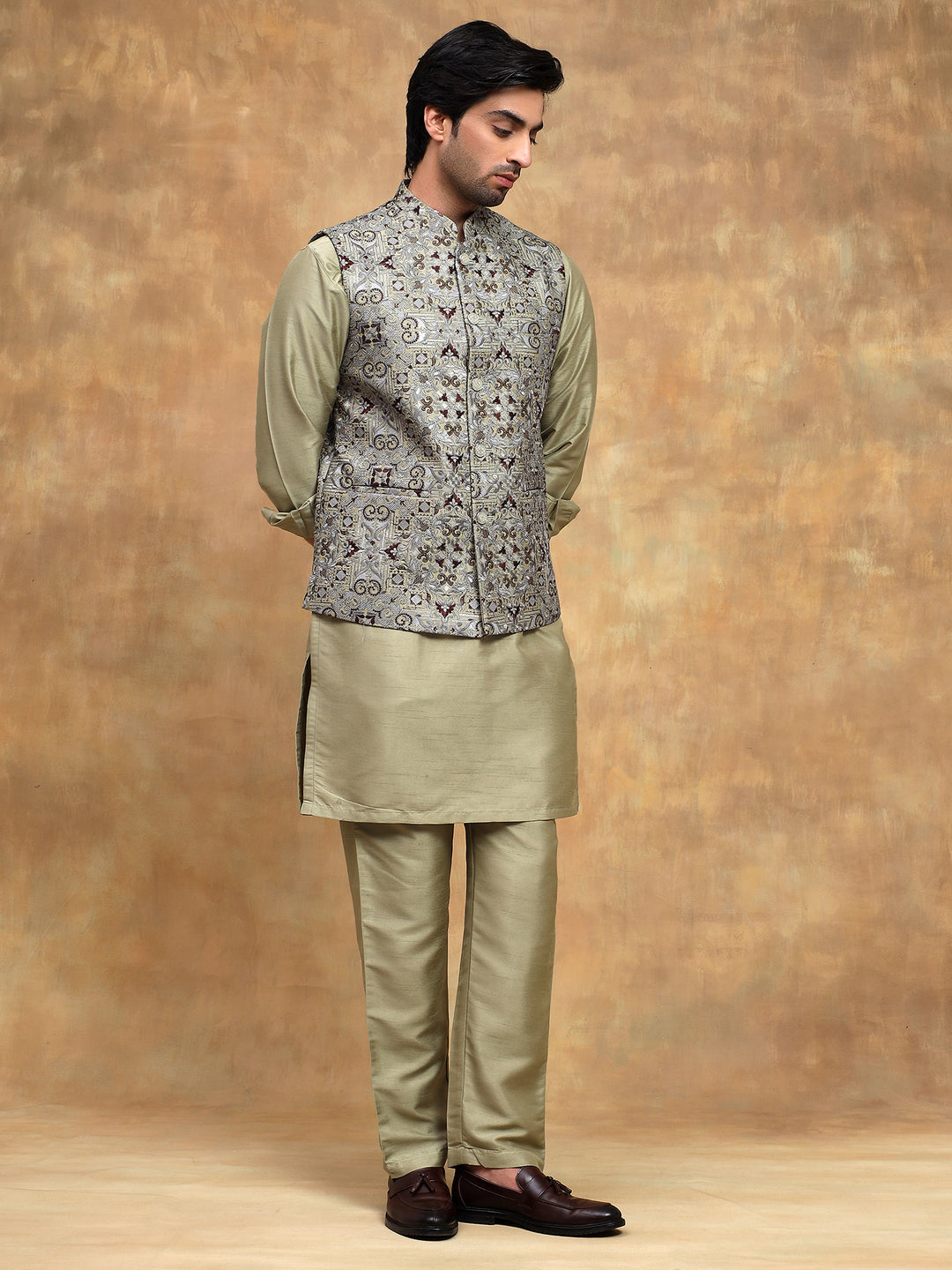 Pista Mirror Embroidered Kurta Set