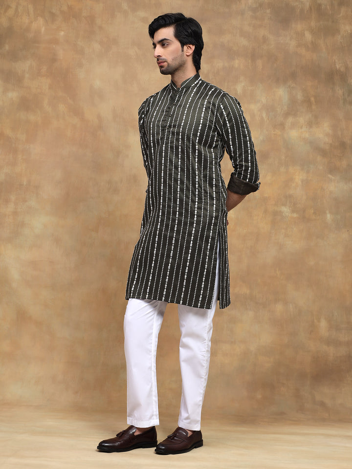 Bottle Green Vertical Threadwork Kurta Set