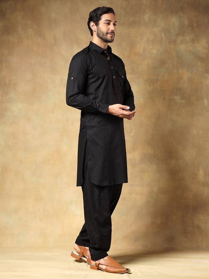 Black Cotton Pathani Set