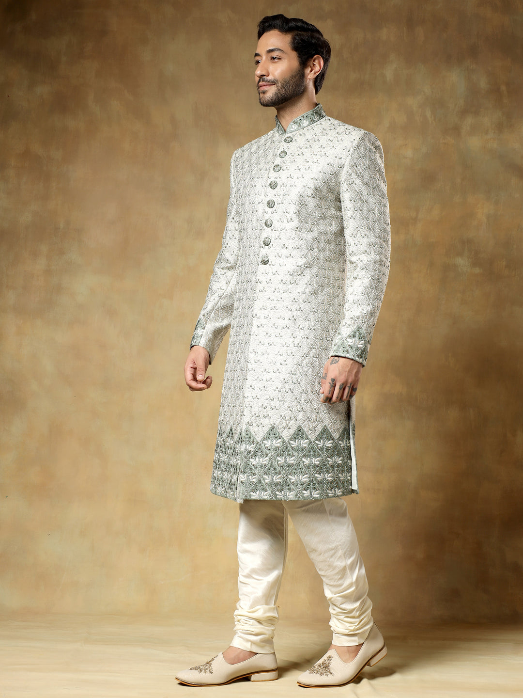 Pista Jacquard Sherwani Set