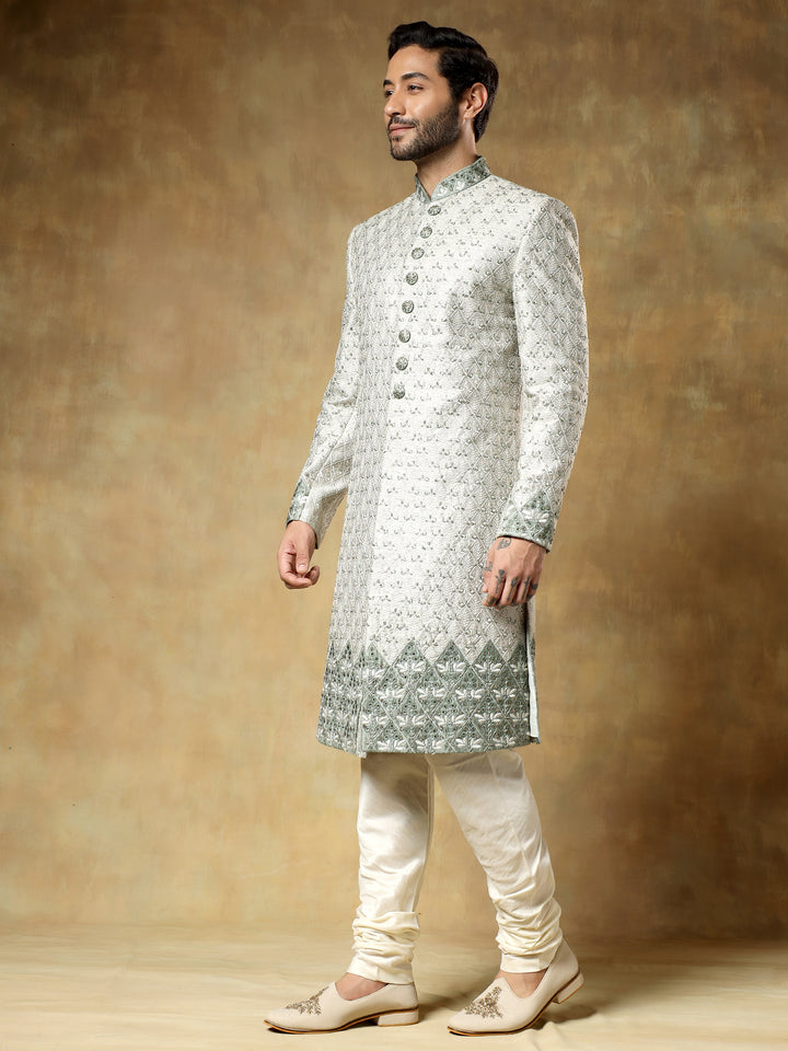 Pista Jacquard Sherwani Set