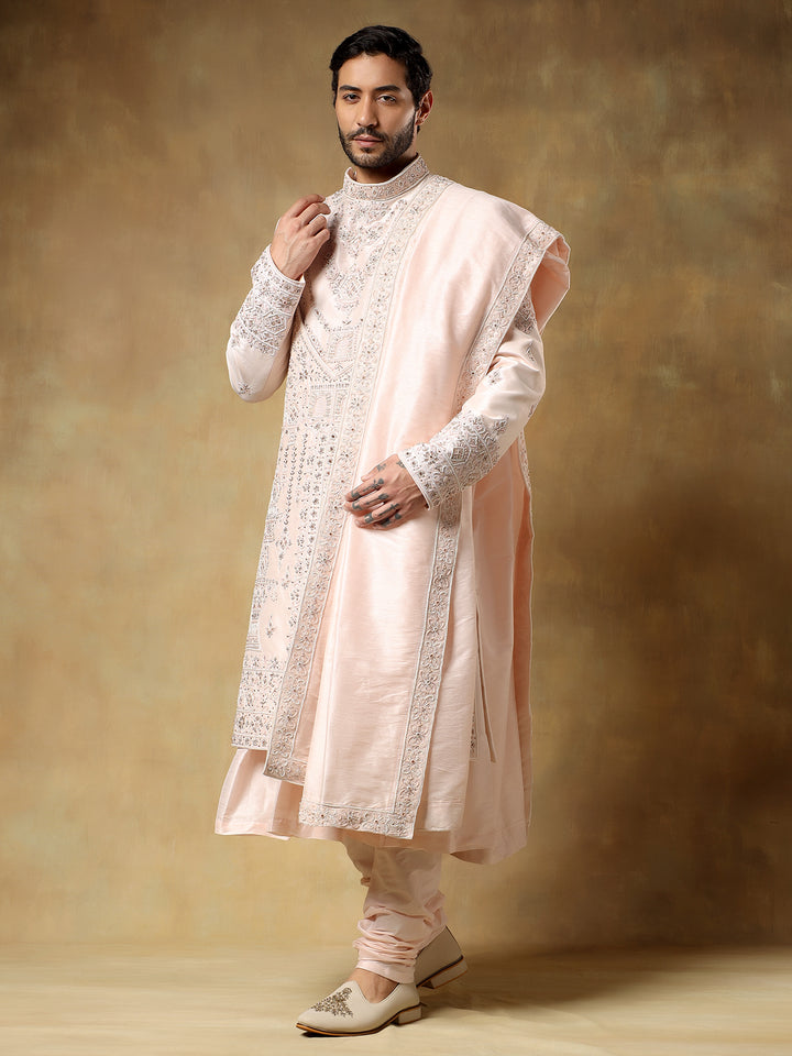 Pink Embroidered Sherwani with Stole