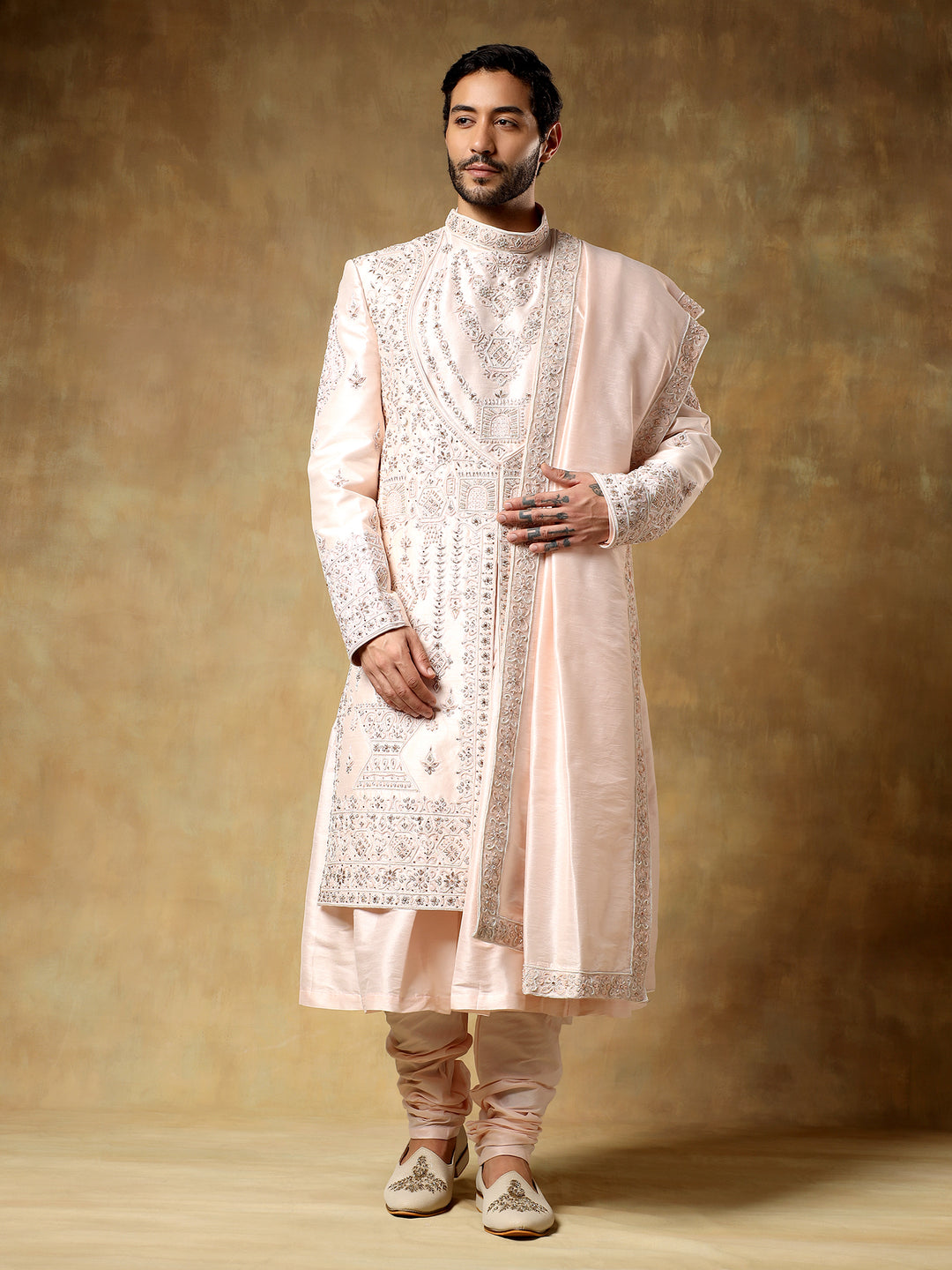 Pink Embroidered Sherwani with Stole