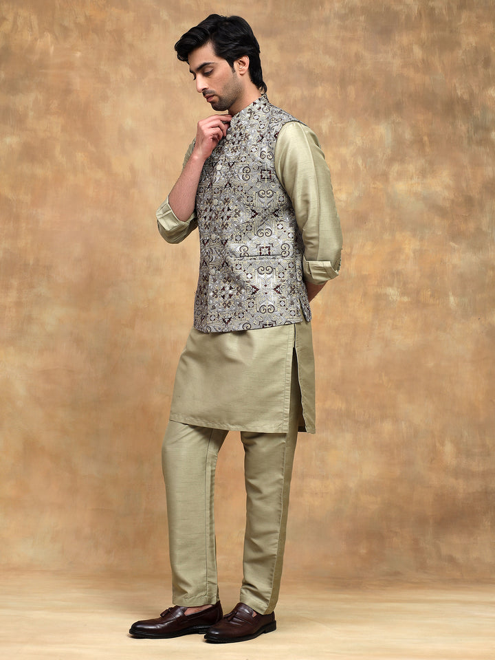 Pista Mirror Embroidered Kurta Set