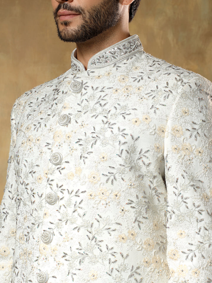 White Embroidered Sherwani Set for Groom
