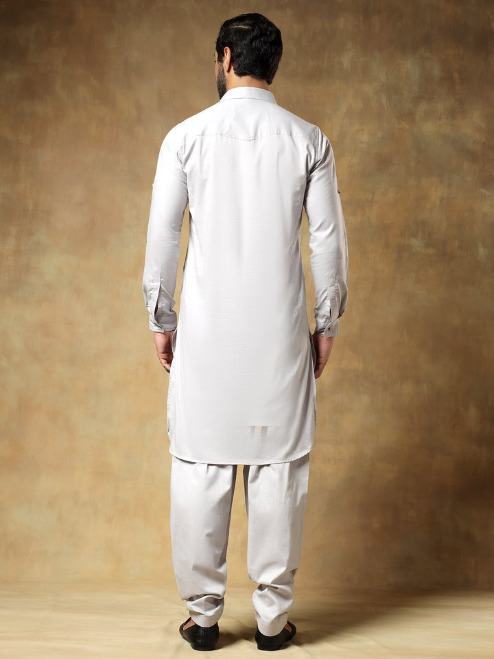 Grey Cotton Pathani Set
