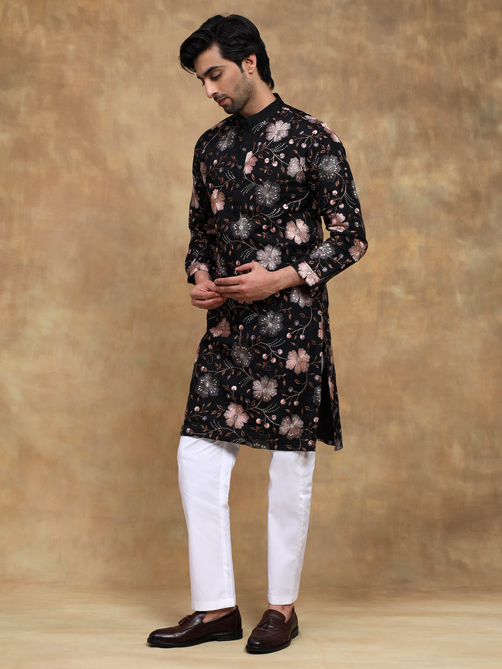 Black Floral Embroidered Kurta Pyjama