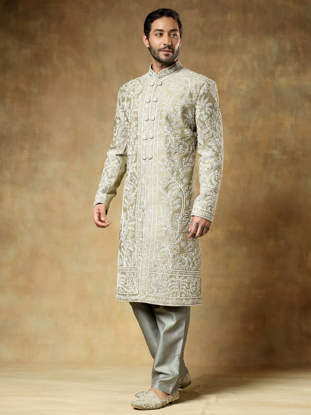 Pista Embroidered Sherwani Set