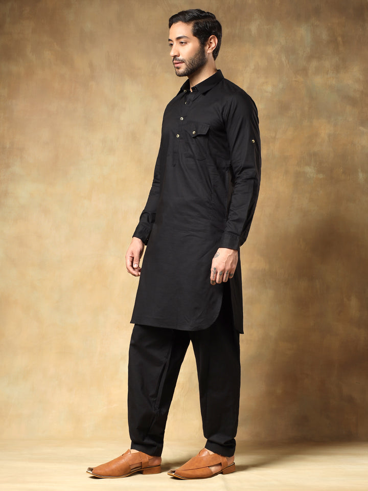 Black Cotton Pathani Set