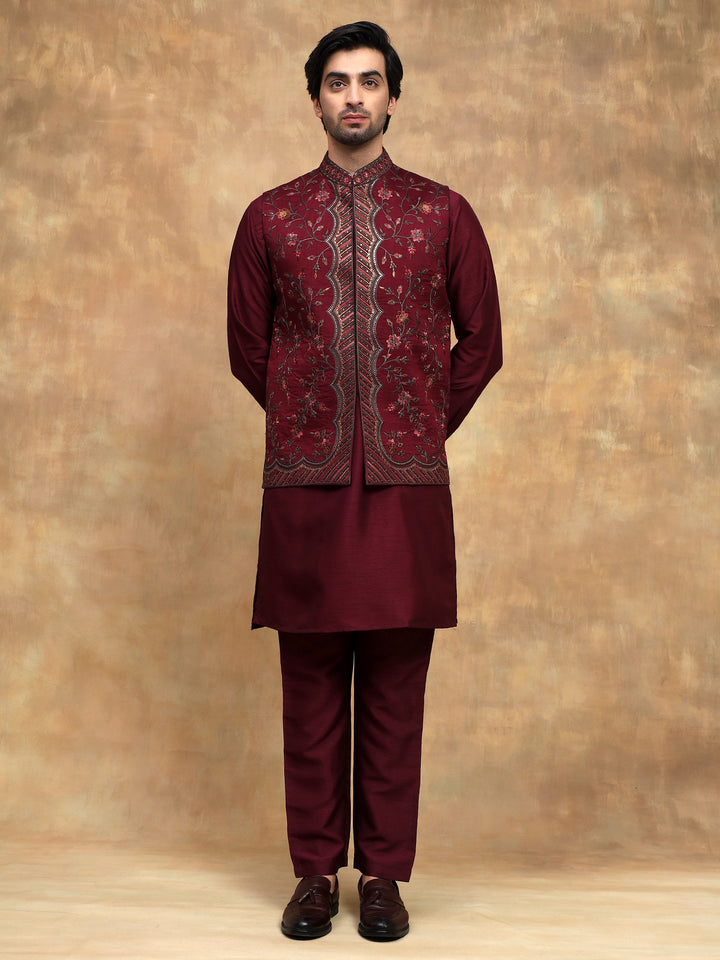 Wine Velvet Nehru Jacket Set