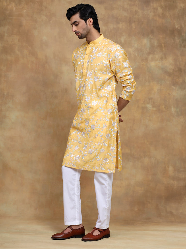 Yellow Floral Embroidered Kurta Set