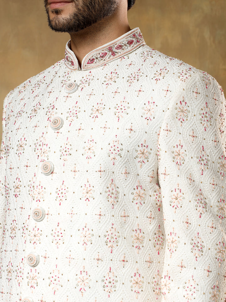 Off white Embroidered Sherwani with Stole