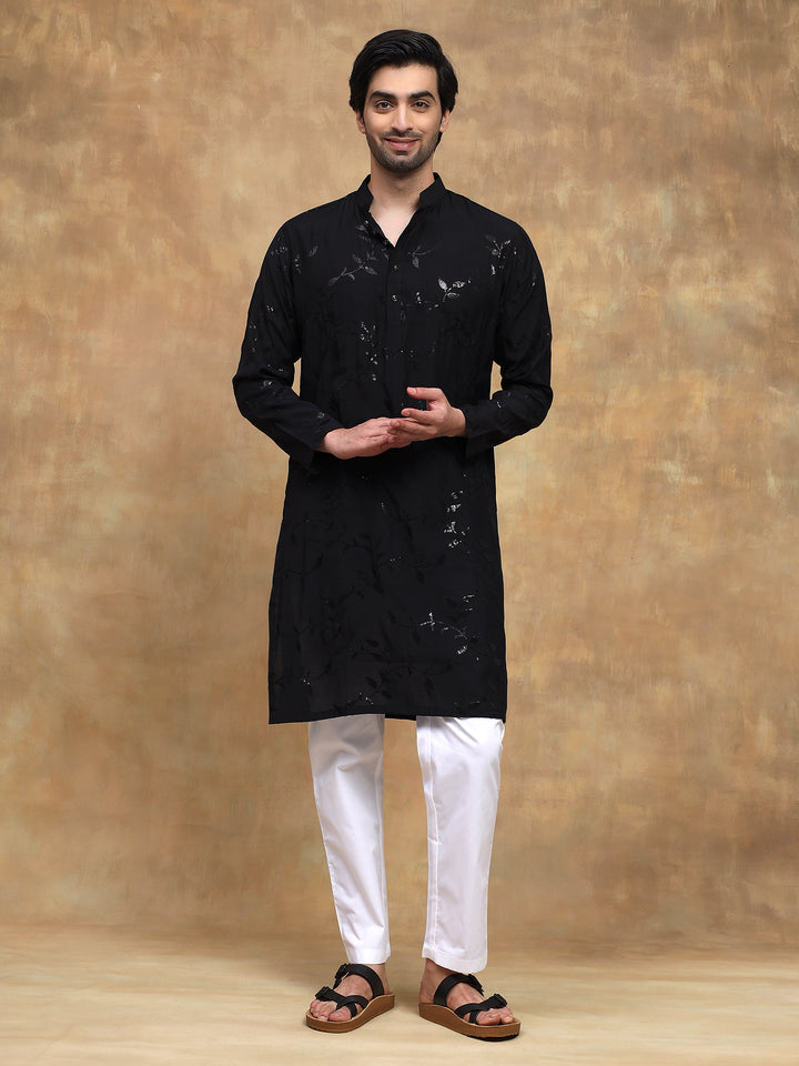 Black Leaf Embroidered Evening Kurta Set