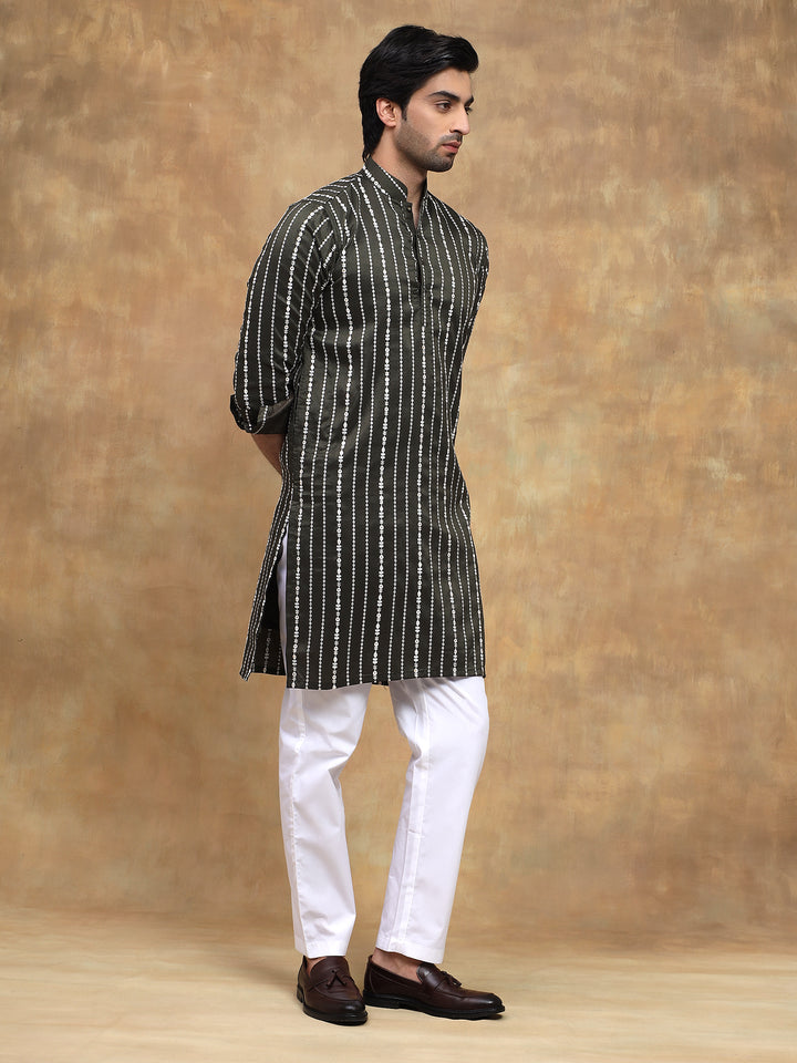Bottle Green Vertical Threadwork Kurta Set
