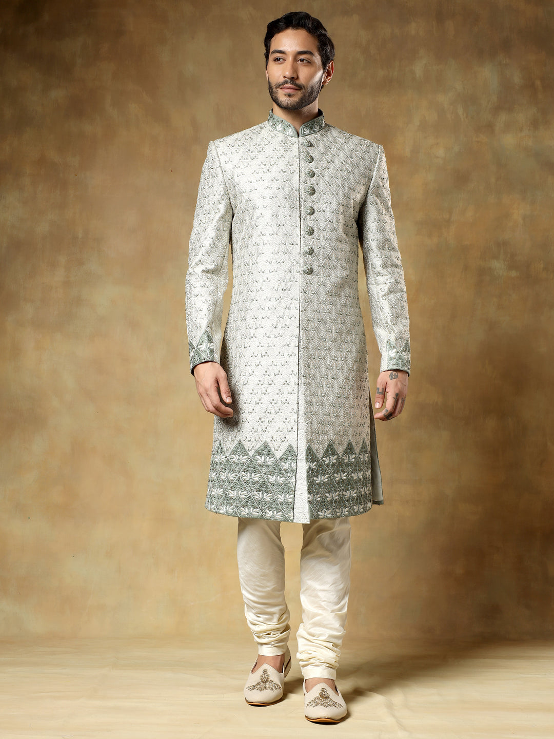 Pista Jacquard Sherwani Set